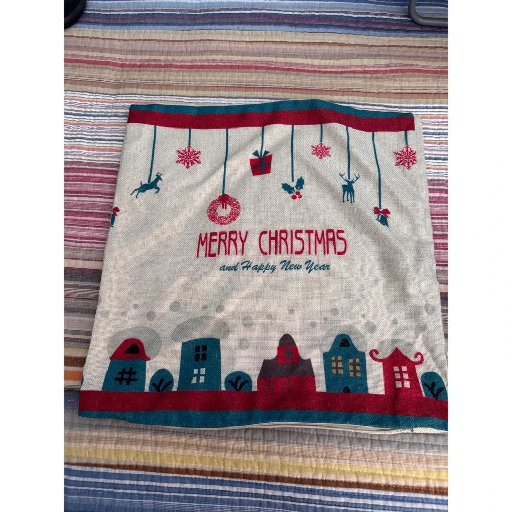 Set of 4 Christmas Pillow Covers 18x18 Rustic Linen Holiday Decor Red Green
